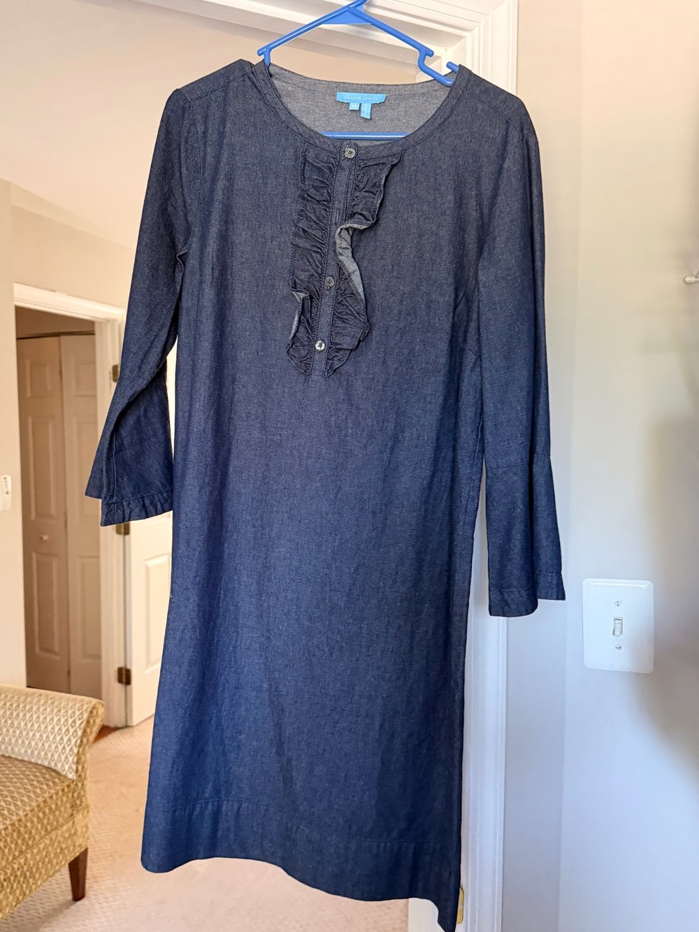 Draper James Navy Ruffle-Front Long Sleeve Shift Dress